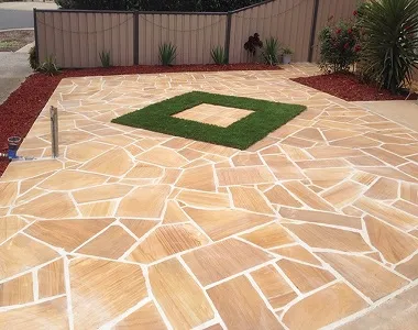 Teakwood sandstone crazy paving tiles and pavers pool pavers outdoor tiles beige tiles cream tiles yellow pavers