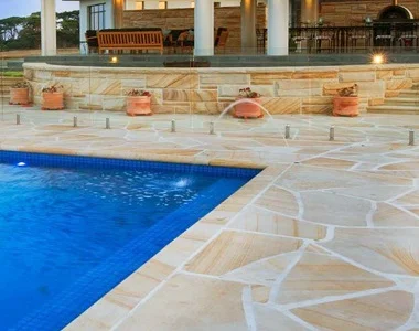 Teakwood sandstone crazy paving tiles and pavers pool paversl outdoor tiles beige tiles cream tiles yellow pavers